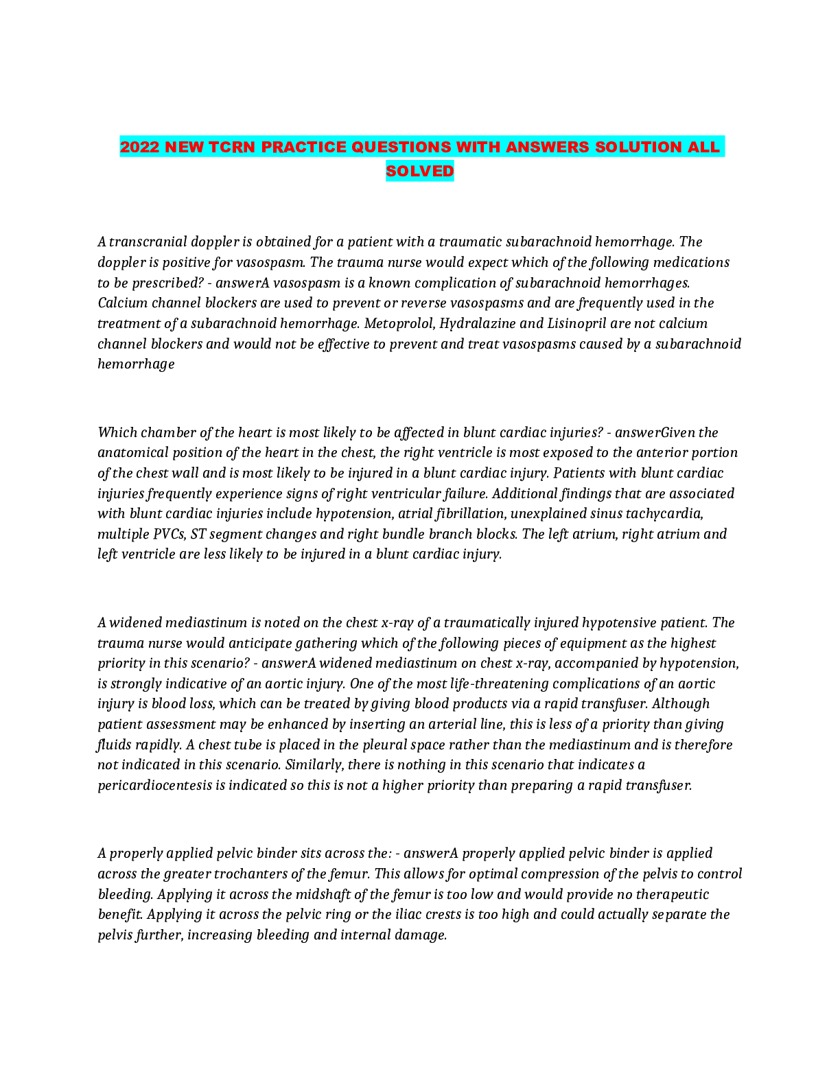 Preview image for 2022 NEW TCRN PRACTICE QUESTIONS WITH ANSWERS SOLUTION ALL SOLVED